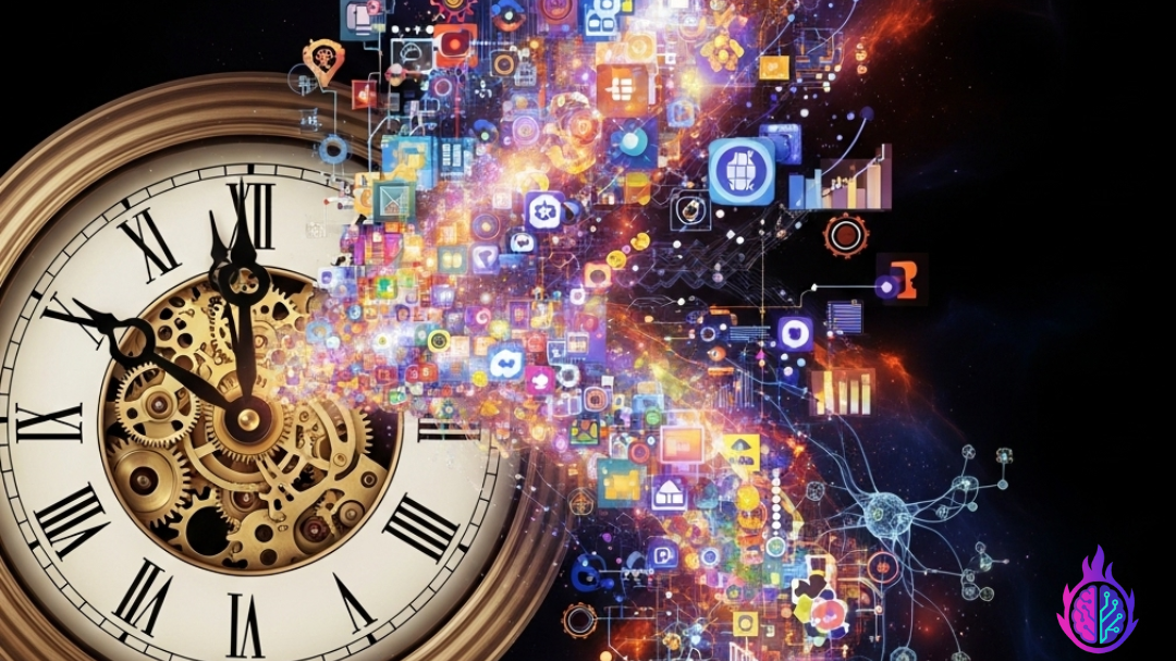 Imagem abstrata representando o tempo por meio de um relógio e o desenvolvimento tecnológico da Inteligencia Artificial por meio de vários ícones e neurônios.